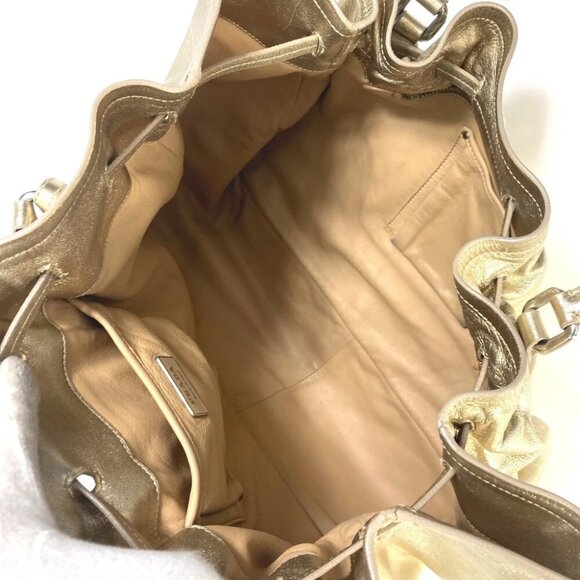 PRADA Shoulder Bag Logo fringe bag drawstring Tote Bag Leather Gold - Picture 13 of 13